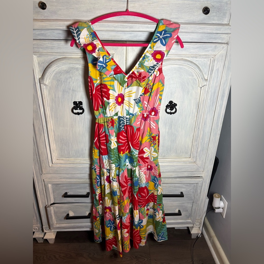 Boutique Floral Printed Ruffle Tiered Walk In The Garden Midi Dress Fun Party - Picture 6 of 7